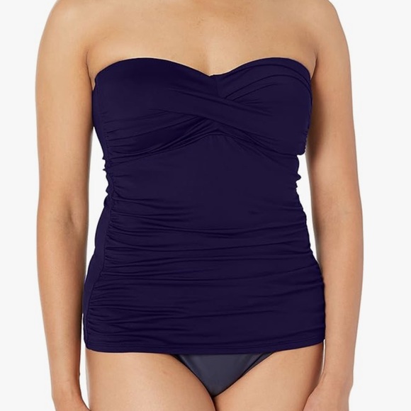 ANNE COLE Navy Blue Twist Front strapless Shirred Bandeau Tankini Swim Top NWT - Picture 1 of 8